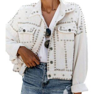 Dressy Studded White Cropped Jean Jacket Women Western Distressed Denim Coat